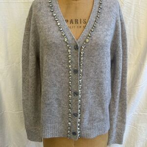 Charter Club Luxury Ice Grey Cashmere Button Up Sweater With Rhinestone Detail